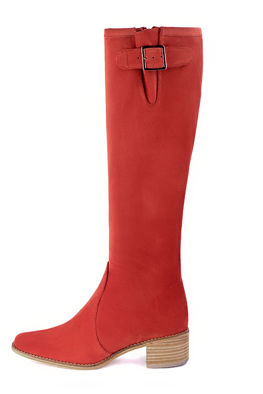 Scarlet red women's knee-high boots with buckles. Round toe. Low leather soles. Made to measure. Profile view - Florence KOOIJMAN